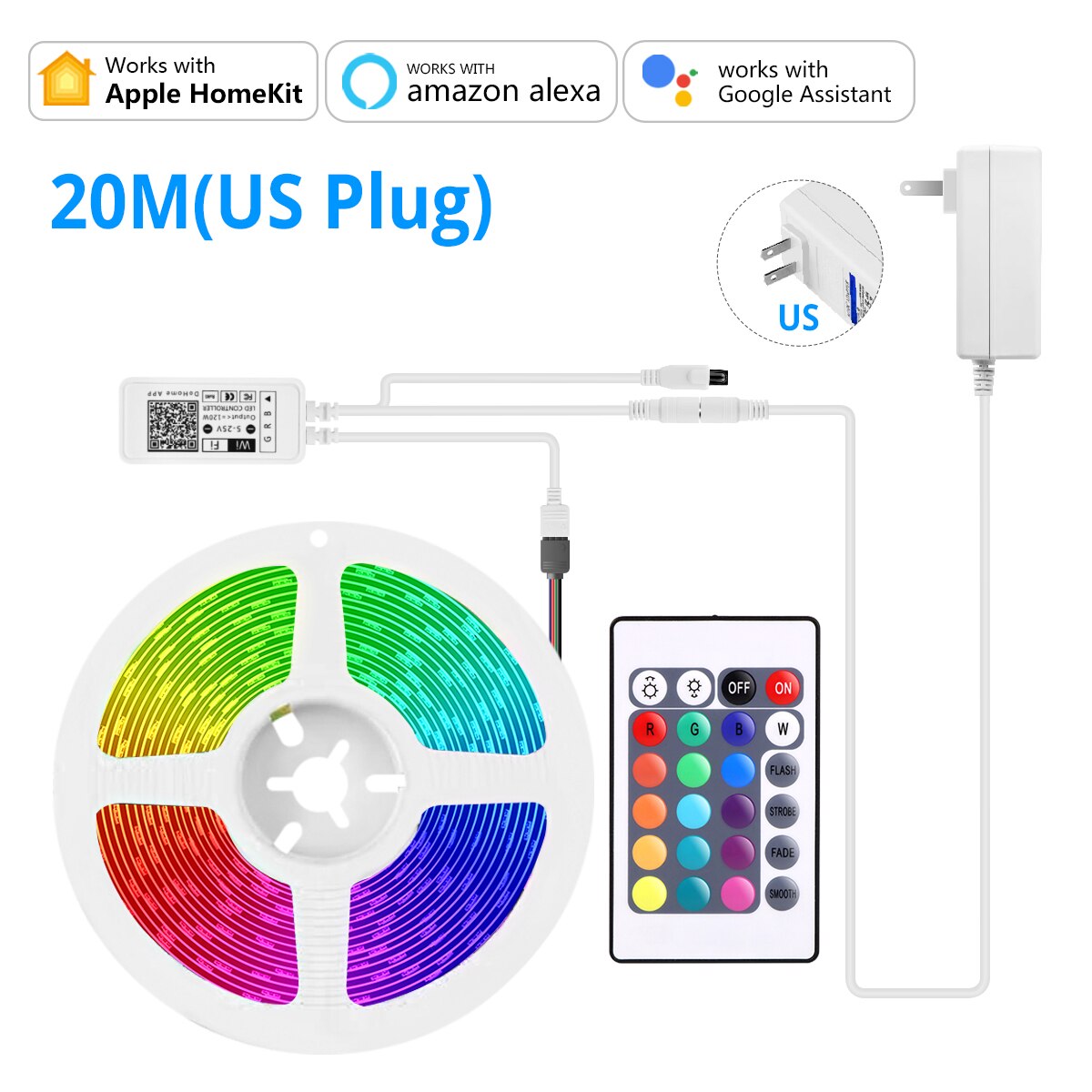 Homekit fita de luz led rgb wi-fi siri, controle por voz, fita neon, decoração de sala, funciona com alexa, google, apple home kit: 20M Set With US Plug