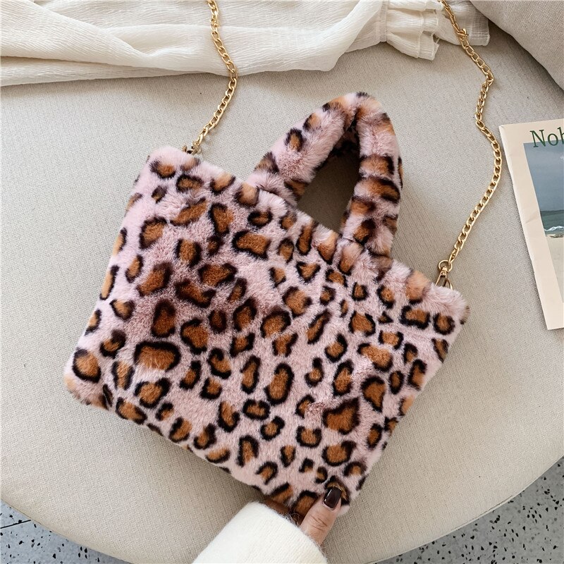 Inverno nova moda bolsa de ombro feminina leopardo bolsa feminina corrente grande pelúcia inverno bolsa mensageiro saco macio quente saco de pele: C