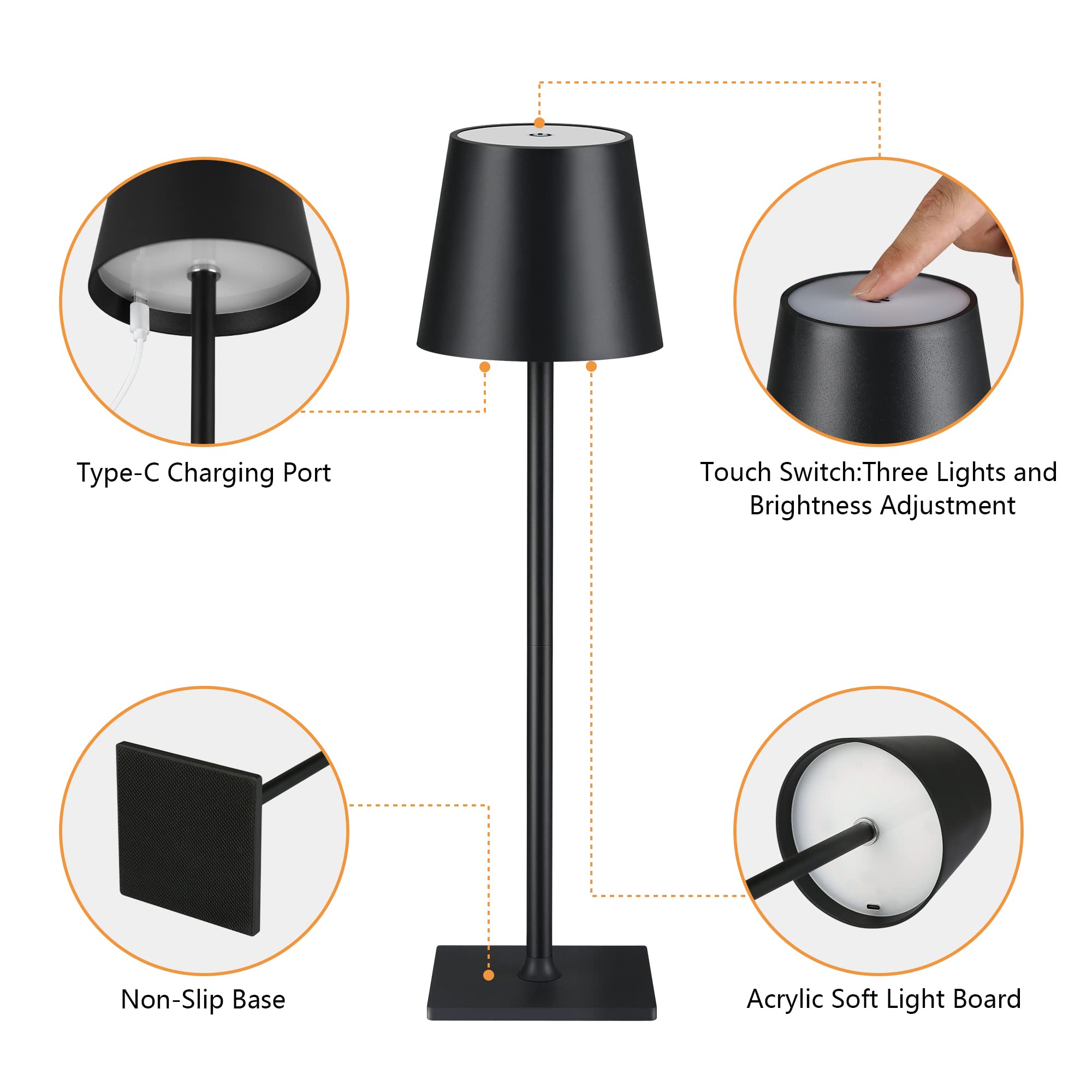 Lampada da tavolo per protezione degli occhi a LED a 3 temperature di colore, regolazione continua, controllo touch, pastella ricaricabile per sala da pranzo/soggiorno
