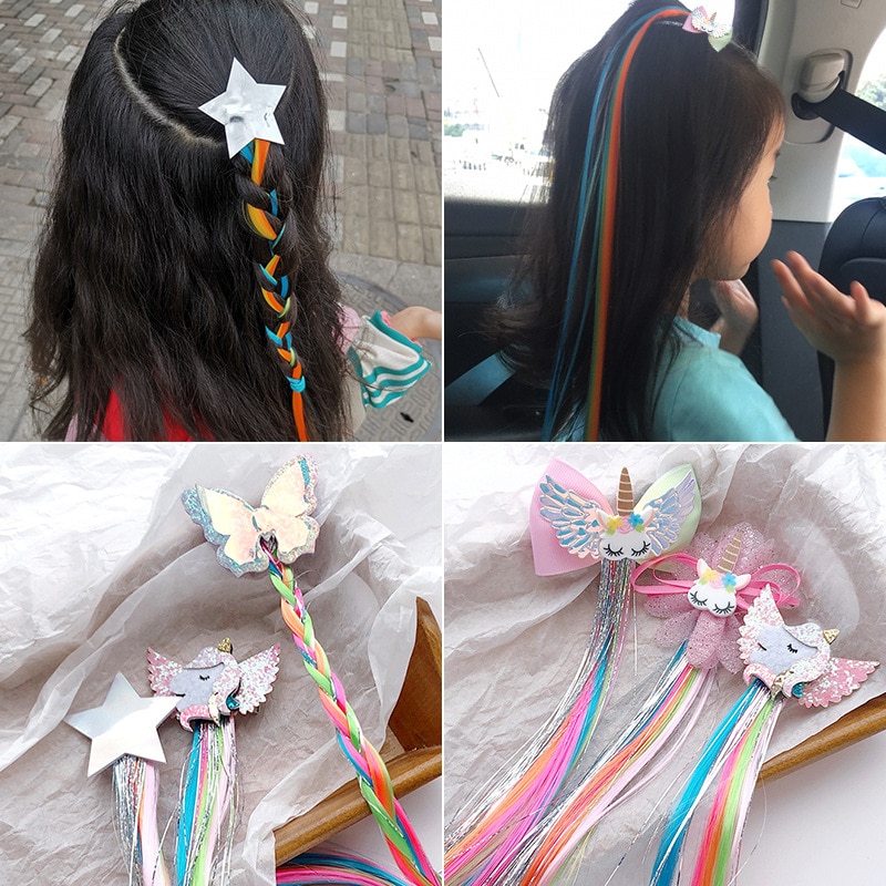 40cm Haar Zubehör funkeln Haar Clips Für Mädchen Regenbogen FlüGel Einhorn Haar BöGen Lange Perücke Haarnadeln freundlicher Prinzessin Haar haarspange