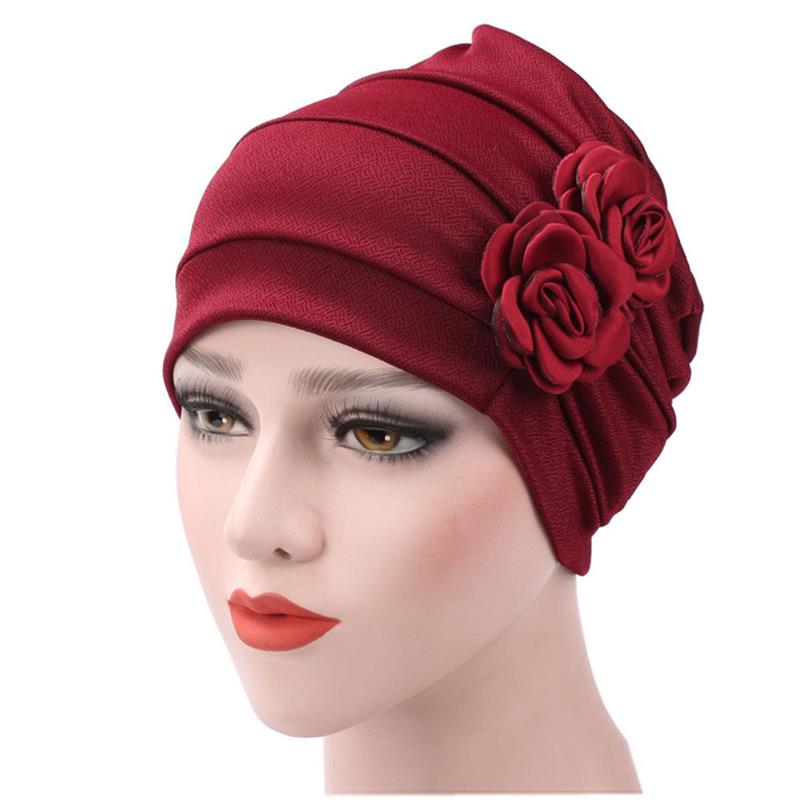 Women's Turban Hat Stylish Flowers Chemo Beanie Turban Headwear Chemo Cap: Burgundy