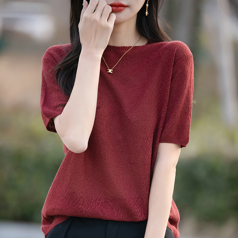 Women's Half-sleeved T-shirt Wool Lyocell Tees Sweater O-neck Flower Shaped Hollow Pullover Vest Summer Knitted Bottoming Tops