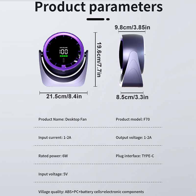 1PCS Desk Fan with Remote , LED Display Mini Table Fan, Rechargeable Personal Fan, 5 Speeds, 360°Tilt, USB-C Charging, Quiet Sma