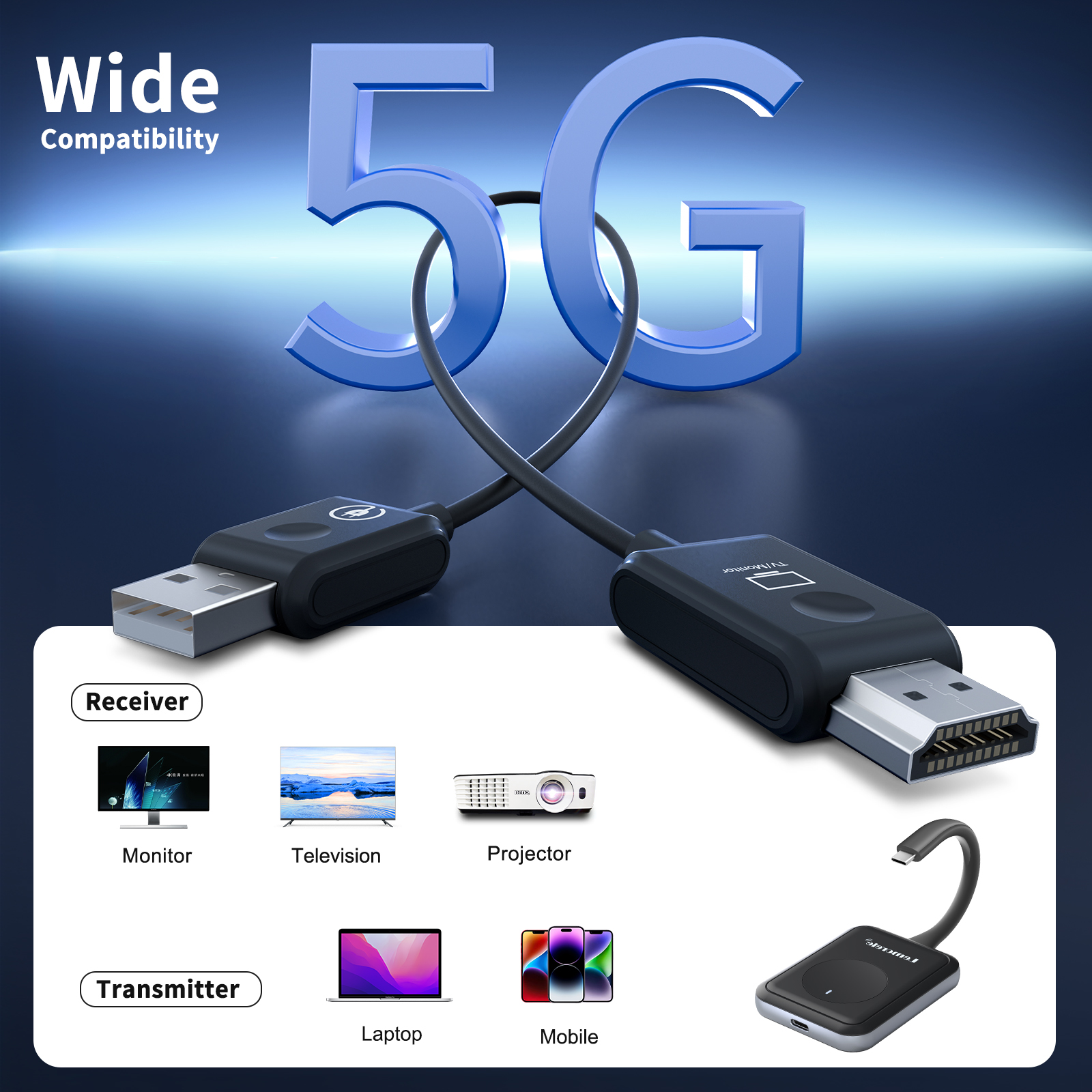 Lemorele 5G 50m Wireless Transmitter Receiver Kit 1080P Plug and Play Video Transceiver For HDTV PC Camera Monitor Projector