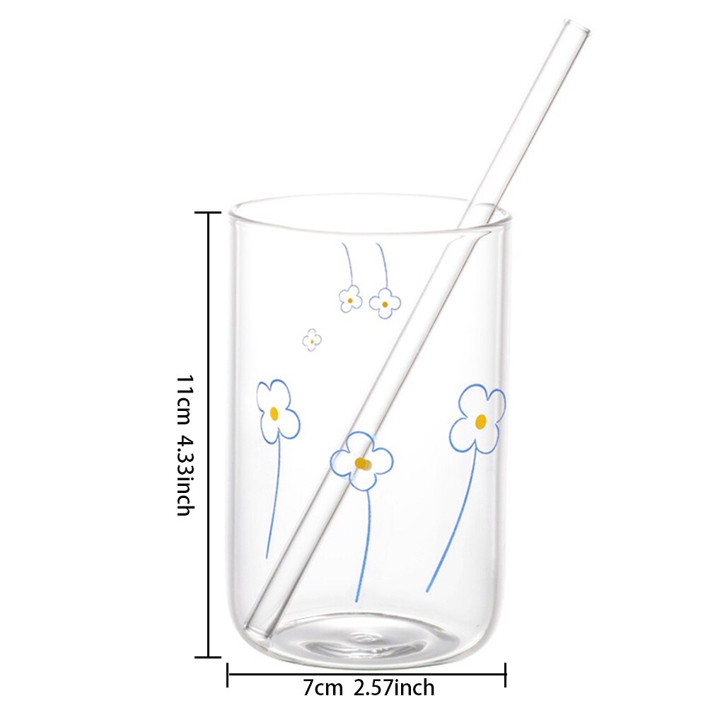 Cute Fruit Printed Glass Mug Cup Heat-resistant Milk Juice Glass Water Cup with Straw Beer Coffee Cup Whiskey Lemon Tea Mugs: J 300ml