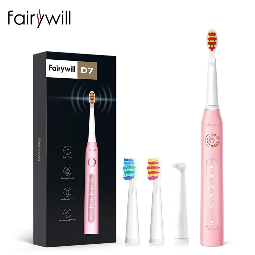 Fairywill Electric Sonic Toothbrush FW-507 Rechargeable USB Charge Waterproof Electronic Tooth 8 Brushes Replacement Heads Adult: FW-ET507-Pink