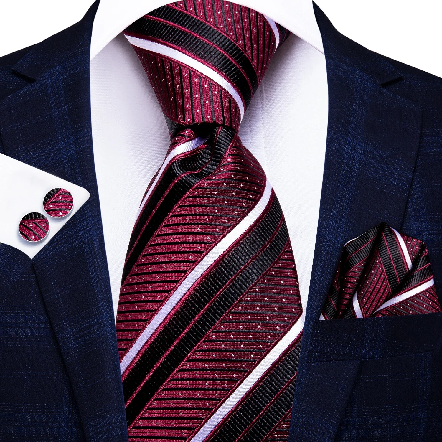 Hi-Tie Black Red Striped Silk Wedding Tie For Men Handky Cufflink Men Necktie Set Business Party: Burgundy