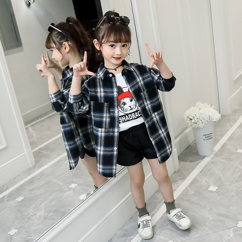 Camisa larga para niñas, ropa informal para primavera y otoño, Blusa de algodón a cuadros, camisas de manga larga para niños de 6, 8, 10 y 12 años