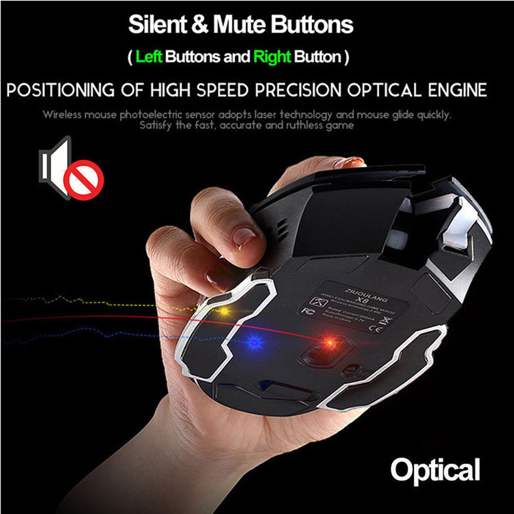 2400DPI Mouse Rechargeable X8 Wireless Silent LED Backlit USB Optical Ergonomic Gaming Mouse Breathing Luminous Light