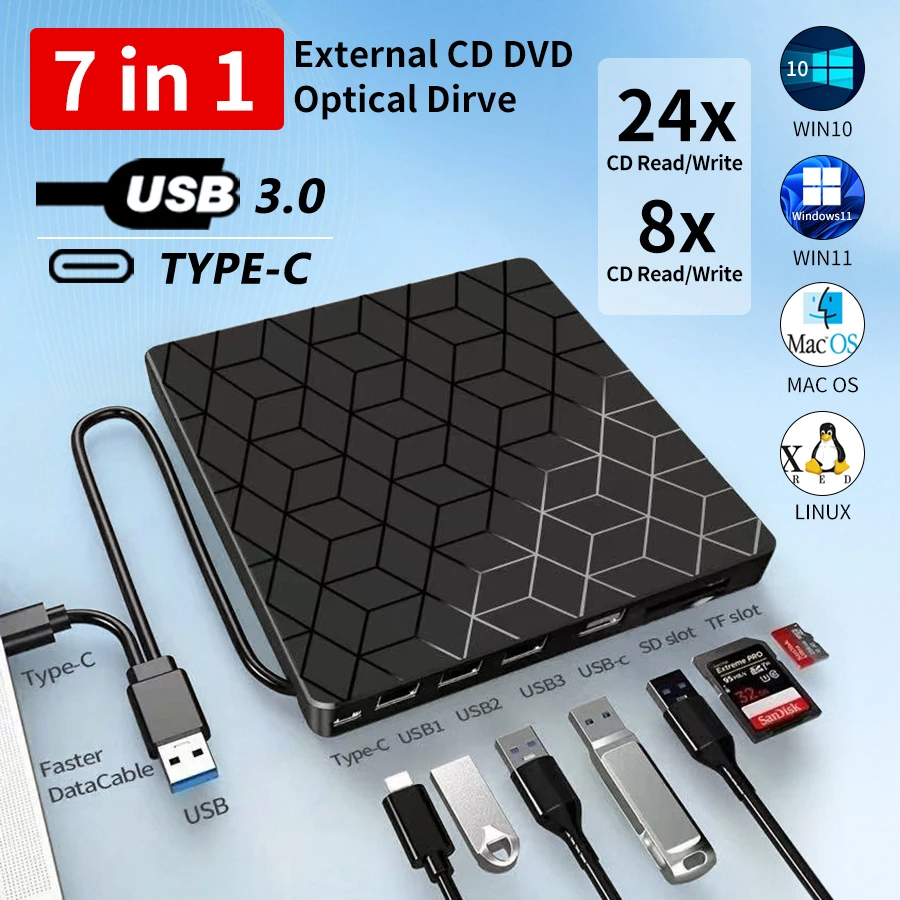 Gravador de dvd externo 7 em 1, usb 3.0/tipo-c, gravador de unidade óptica de dvd, cd/dvd player para laptop, desktop, cd, dvd, leitura, escrita