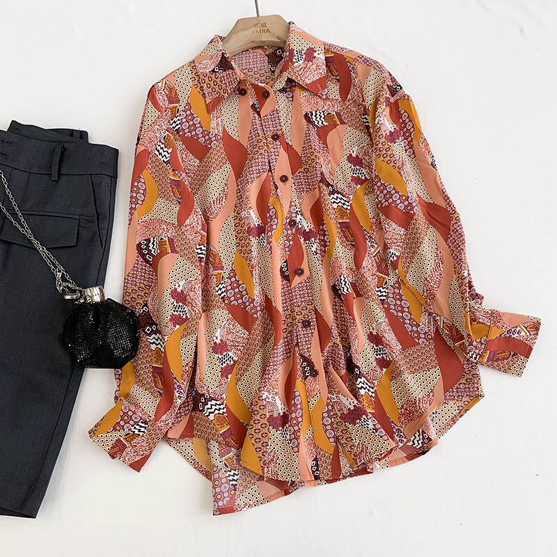 Kesäinen geometrinen printti paitapusero naisten rento käännettävä kaulus kokohihainen sifonkipaita crriflz: Punainen