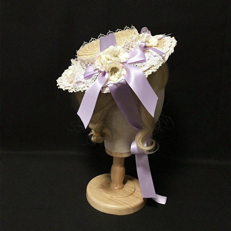Cappello da donna fatto a mano in stile giapponese Lolita Mini cappello da sole in paglia copricapo nastro in pizzo fiore Cosplay Costume piatto cappello Fedora copricapo: Light purple