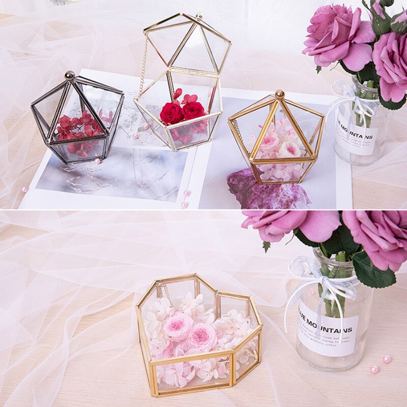 Sen boîte à bagues de mariage en verre or | Fleur éternelle, bricolage Transparent, boîte à bijoux, pour anniversaire, rangement de d'anniversaire