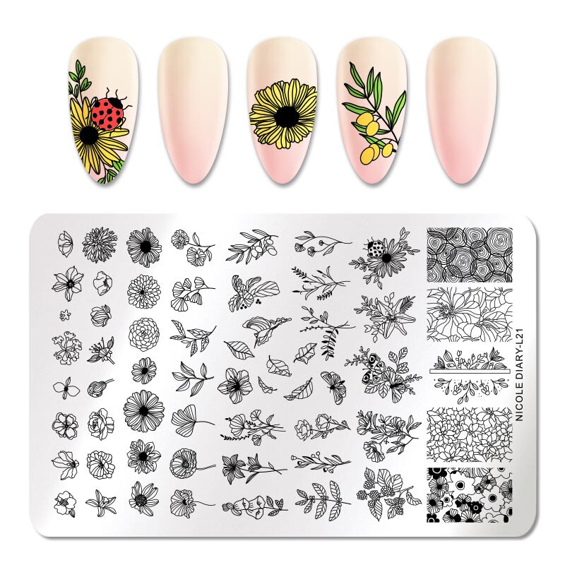 Nicole Dagboek Grote Rechthoek Stempelen Plaat 14.5*9.5 Cm Bloemen Bloemen Rvs Nail Art Stencil Plant Stempel template: L21