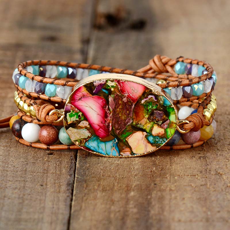 Exclusive Women Wrap Bracelets Natural Stone Rhinestone 3 Layers Leather Cuff Bracelet Femme Bracelets