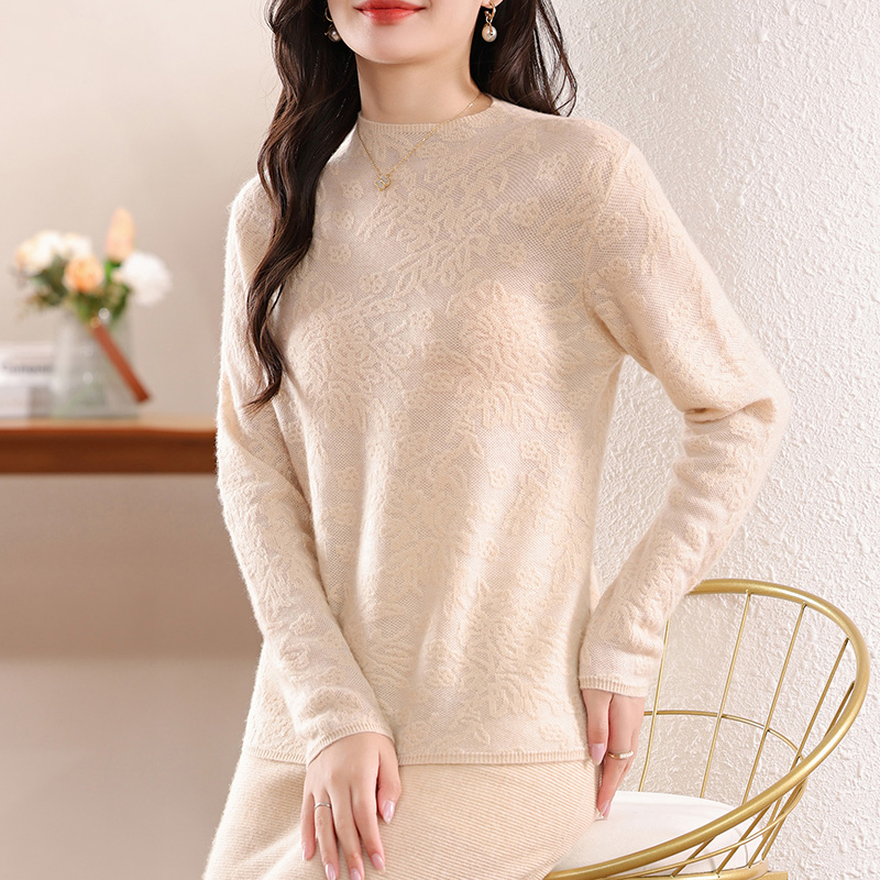 100%  damestrikket genser i merinoull, rund hals, hul, avslappet, moteriktig, varm, , undertøy, høst/vinter: M / Beige