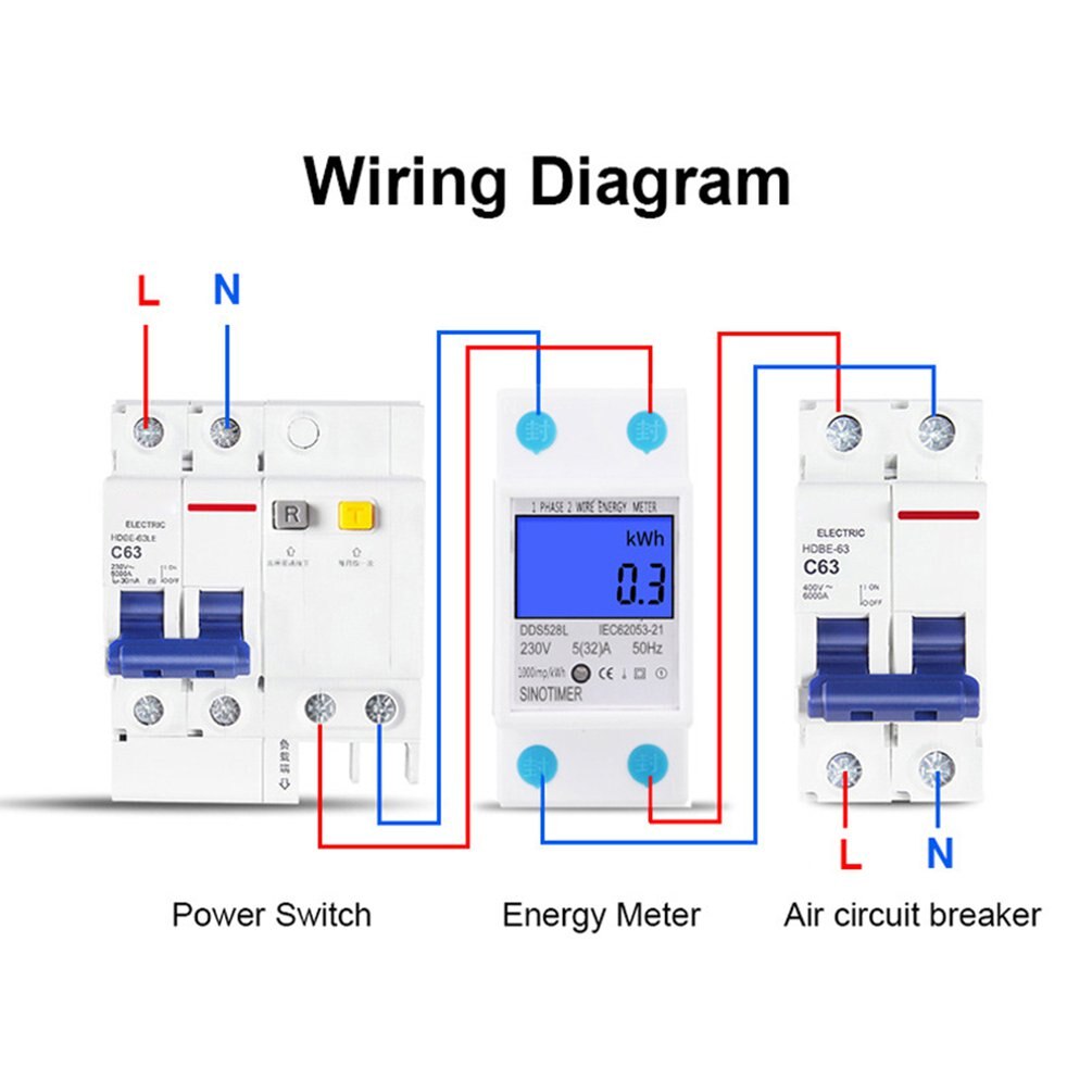 SINOTIMER Single Phase Energy Meter Home DIN Rail LCD Digital No Reset kWh Voltage Current Power Consumption Meter Wattmeter
