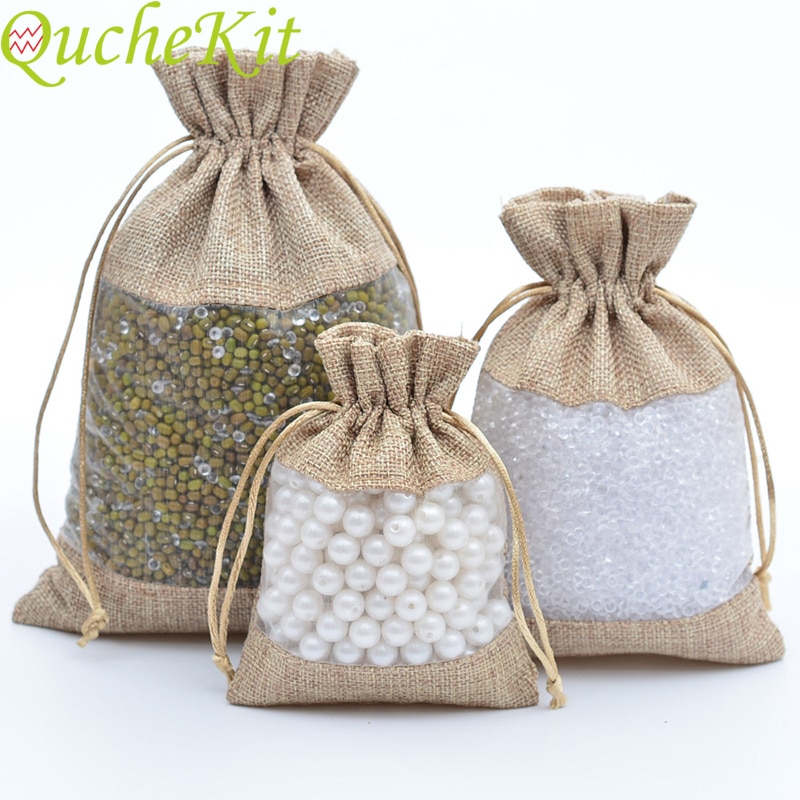 10 stk linned smykkepose klart vindue slik emballage poser perler diverse opbevaringspose arrangør blomst te emballageposer