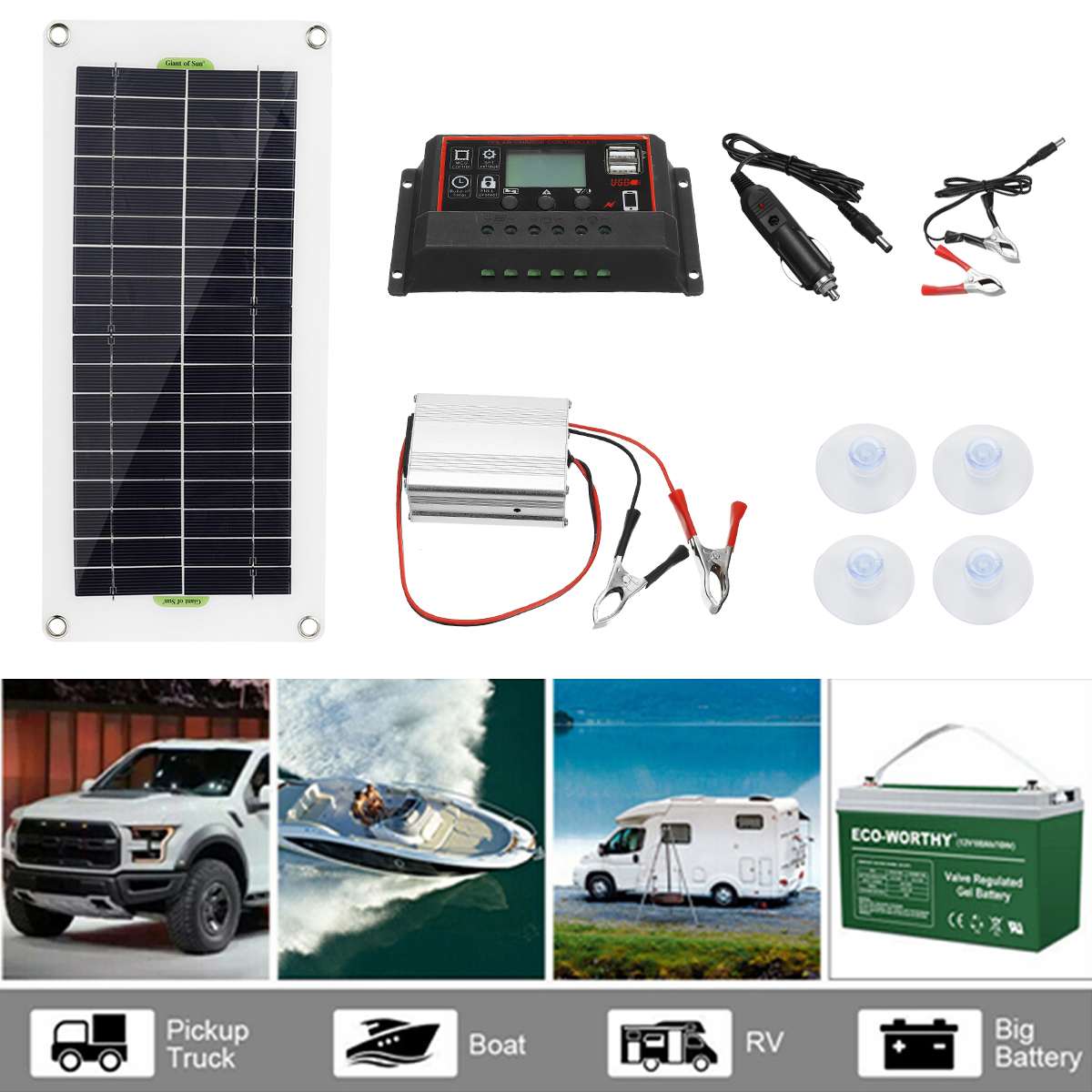 1000W Solar Power Inverter Solar Panel Dual USB Solar Panel Kit Outdoor Battery Supply Charger+Controller+Inverter 10A/60A/100A