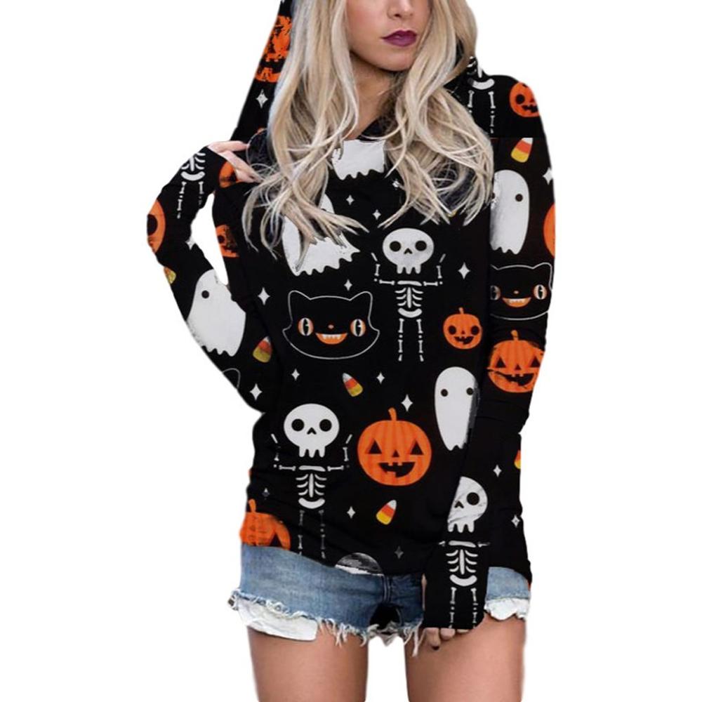 Halloween kostume kvinder hættetrøje halloween printet spøgelsesgræskar skjorter med hætte lange ærmer toppe halloween kostumer til kvinder: Beige / S