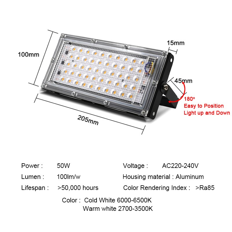Led flomlys 50w utvendig gatelys  ac 220v vanntett led spotlight reflektor utendørs belysning flomlys hagelampe