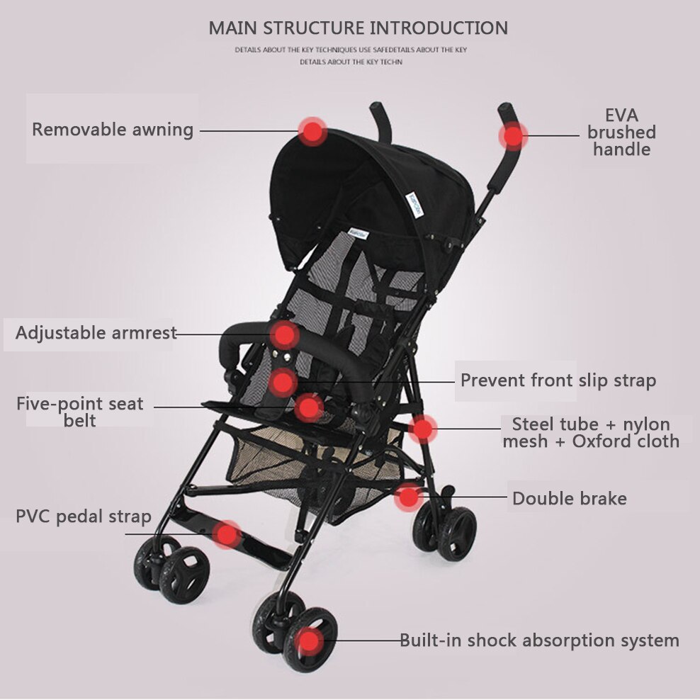 Trolley Lightweight Baby Foldable Outdoor Portable Stroller With Awning Lightweight Four-wheel Cart Cushion