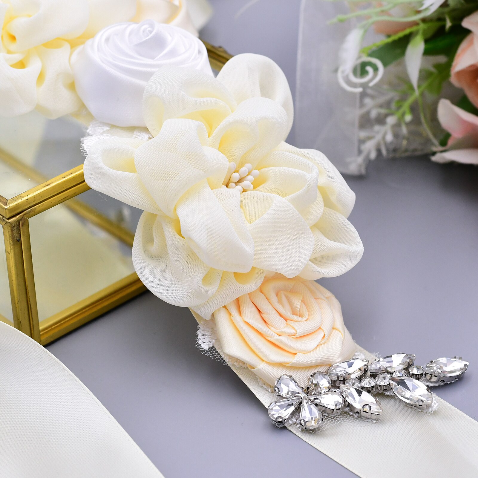 YouLaPan – ceinture de mariée en dentelle S320, faite à la main, avec des appliques de perles, des fleurs scintillantes, à la
