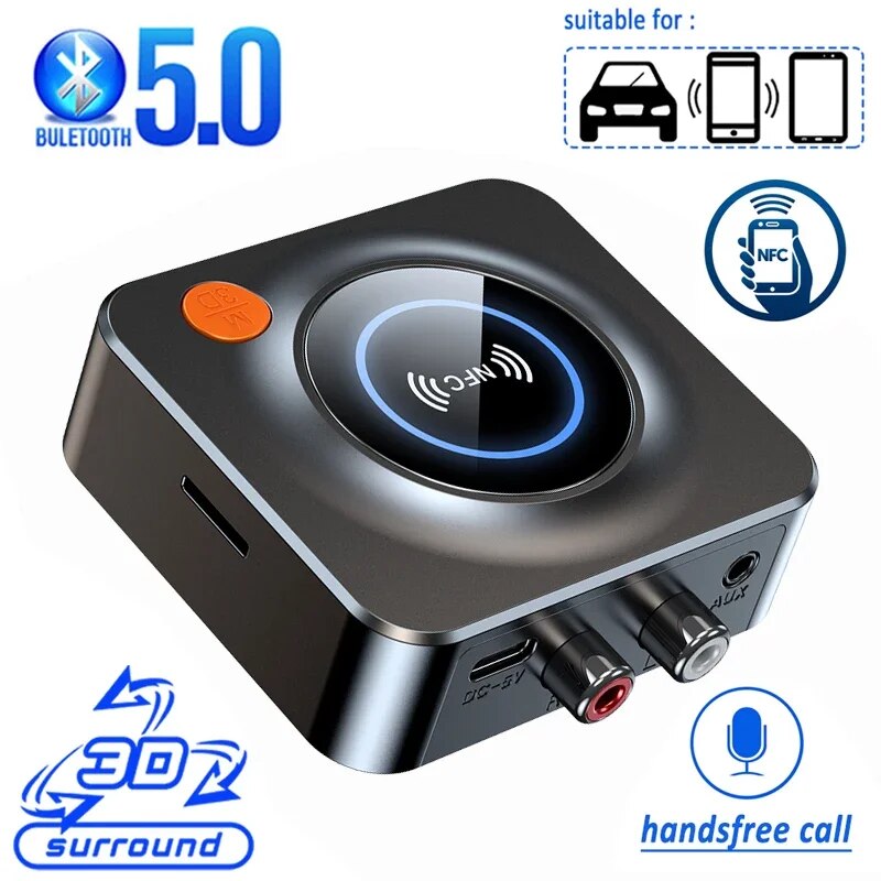 Bluetooth 5.0 Audio- Empfänger 3D NFC Stereo Musik kabellos Adapter TF Karte RCA 3,5mm AUX Jack Freisprechen Anruf & Mikrofon für Wagen Bausatz