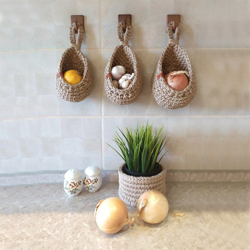 Wall Hanging Vegetable and Fruit Basket Natural Wicker Woven Fruit Basket Kitchen Table Wall Hanging Storage Basket Dry Shelf2pc