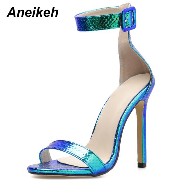 Aneikeh PU Women Shoes Thin High Heels Sandals Ankle Buckle Strap Sandals Pumps Party Dress Silver Blue Size 35-40: Blue / 8