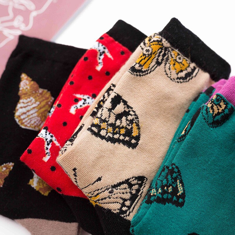 Vintage leopard djur strumpor kvinnor flickor streetwear tecknad skal fisk fjäril sjöjungfru panter hund katt bomullsstrumpor