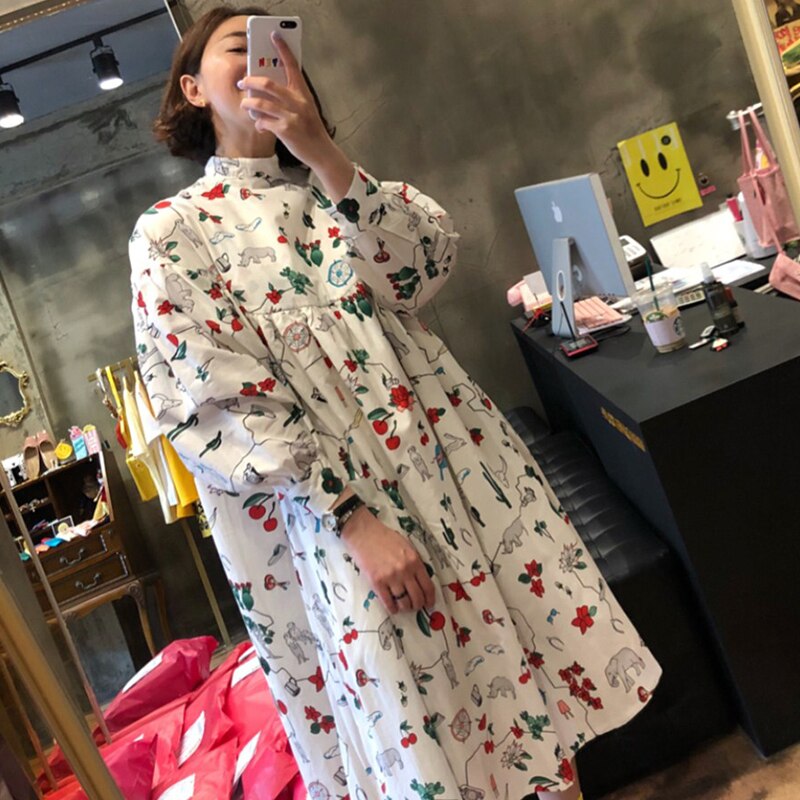 Superaen koreaanse a-lijn cartoon graffiti print staande kraag losse midi-kuit lantaarnmouw poppenjurk voor vrouwen