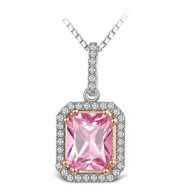 Vintage Pendant For Women Big Square Pink S925 Sterling Created Topaz Cubic Zirconia Necklace Temperament Fine Jewelry No Chain