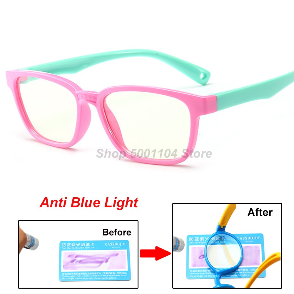 Blue Light Glasses Children Blocking Computer Eyeglasses Kids Girls Transparent TR90 Soft Silicone Frame UV400: pink green