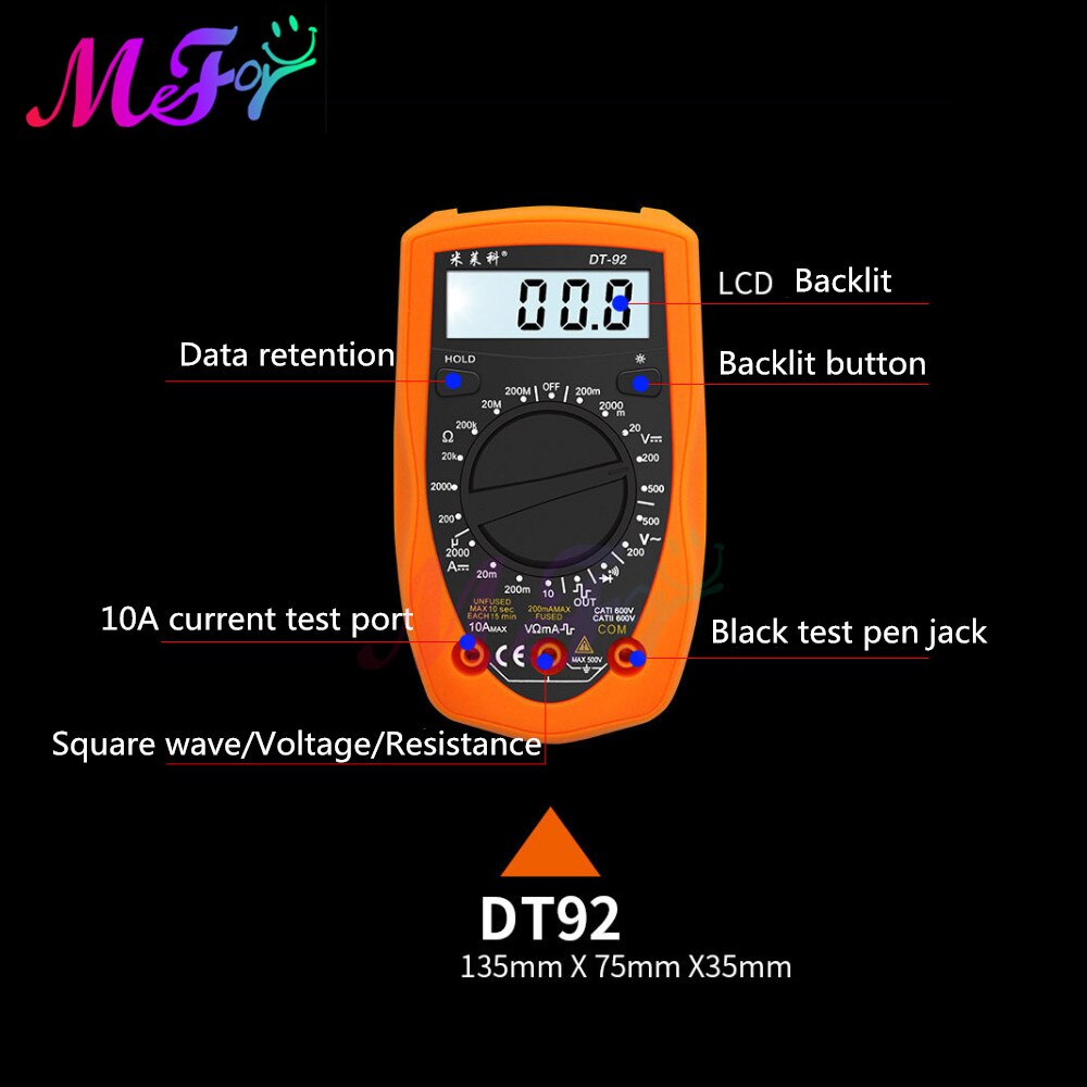 DT92 DT9205 Digital Multimeter Meter Multimetro Tester Digital Multimeter Voltage Current Resistance Testers Multi Meter: DT92