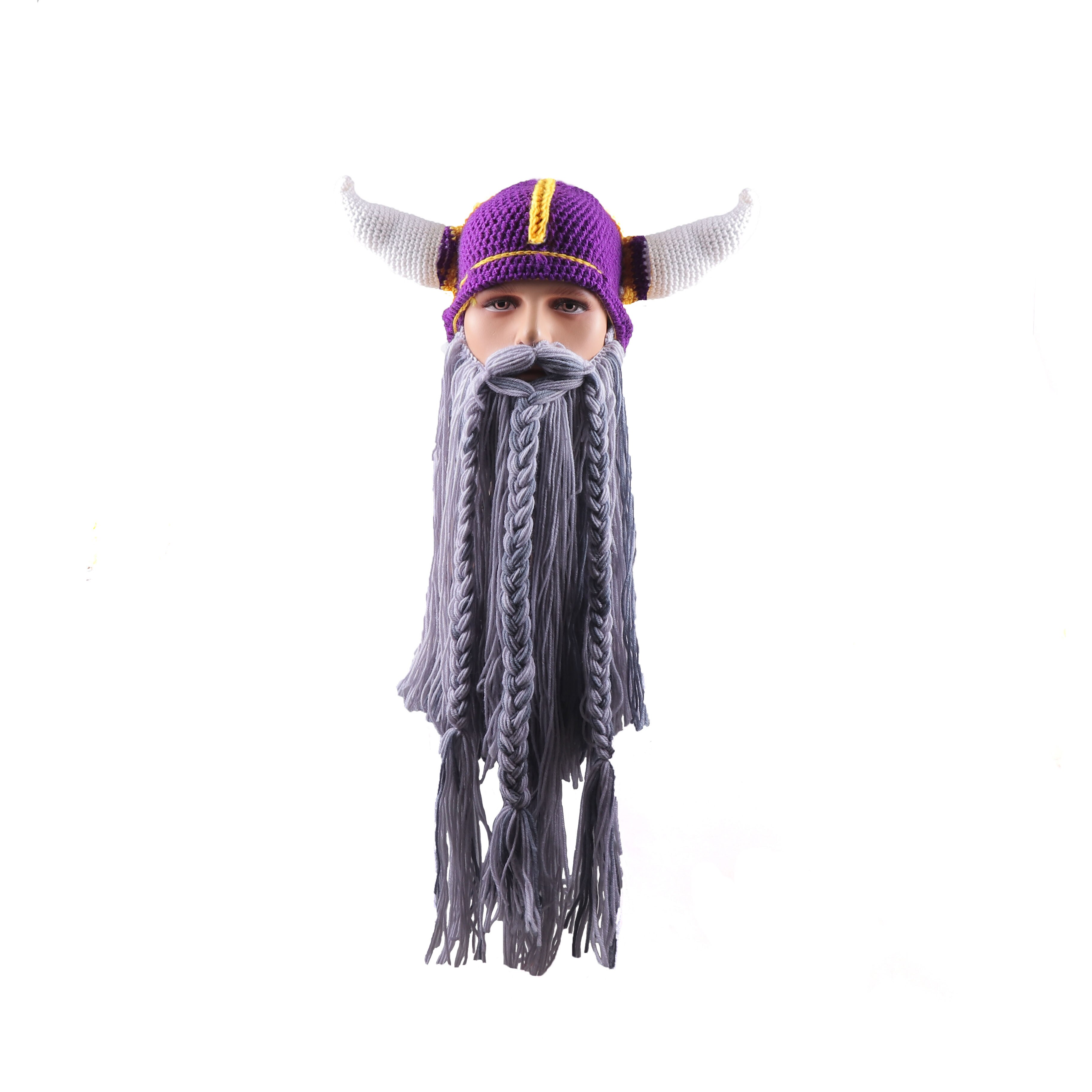Men's Barbarian Vagabond Viking Beard Beanie Horn Hats Handmade Knitted Winter Warm Caps Funny Halloween Mask Cosplay H9: 3