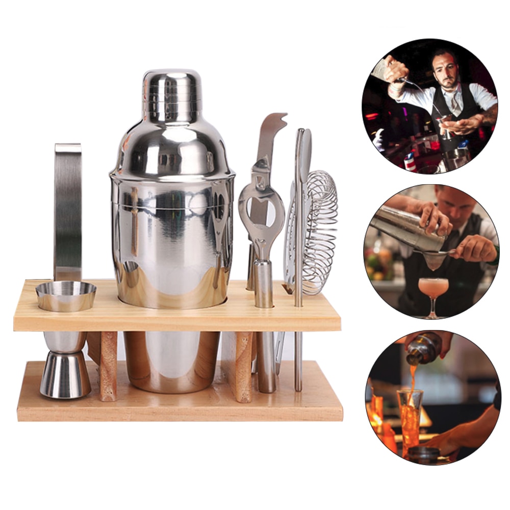 8pcs Bar Cocktail Shaker 750ml Stainless Steel Bar Bartender Kit Mixer Drink Bartender Browser Kit Bar Tool Set With Wooden Rack