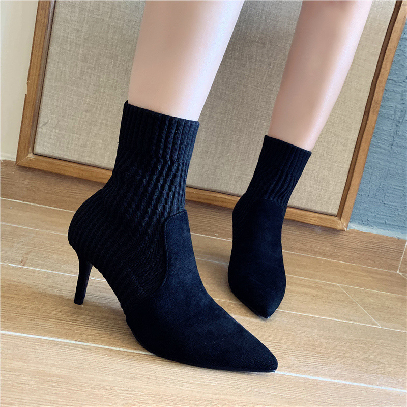 Vrouwen Laarzen Wees Teen Garen Elastische 7Cm Dunne Hoge Hakken Sok Laarzen Beige Vrouwelijke Breien Enkel laarzen Big Size Schoen