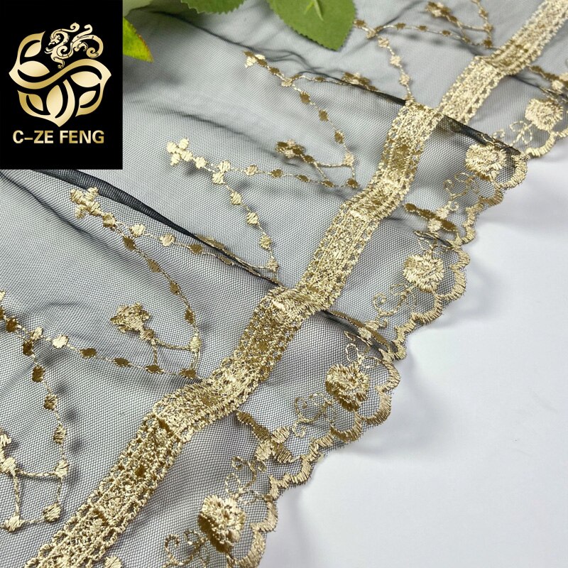 Tela de encaje de malla negra , 15CM de ancho, bordado de hilo dorado, cinta embellecedora para vestido, guipur, bufanda, ropa, costura de manualidades de decoración