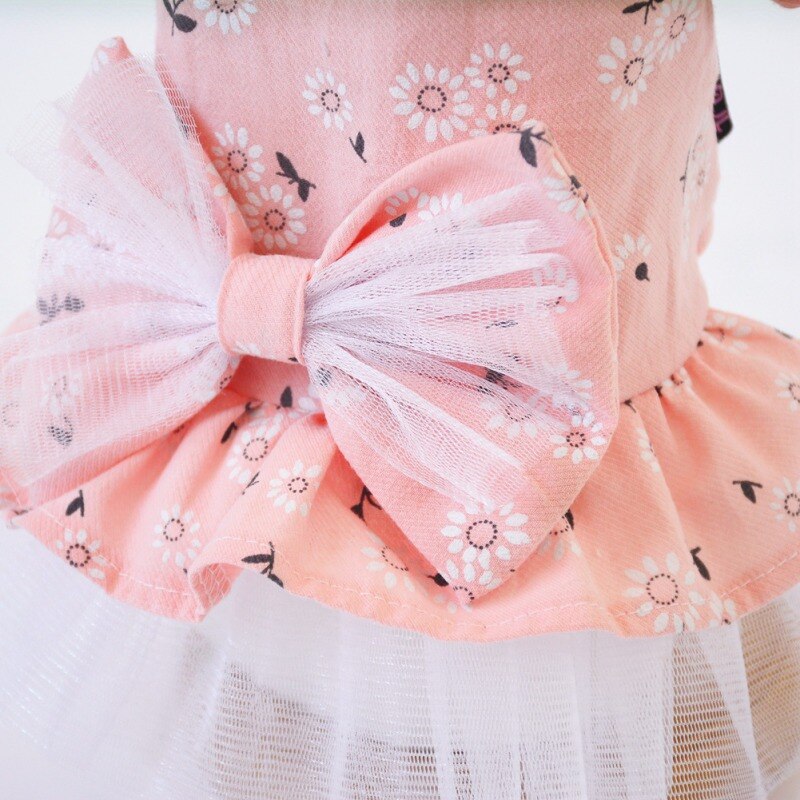 Sukienka dla psa koronkowe sukienki Tullle spódnica drukuj łuk węzeł różowy kwiat wesele psy bawełniane ubrania urodzinowe