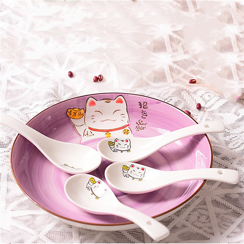 Lingură de supă din ceramică 14cm japoneze alb pisică norocoasă din porțelanul de masă veselă restaurant rechizite de bucătărie de uz casnic veselă