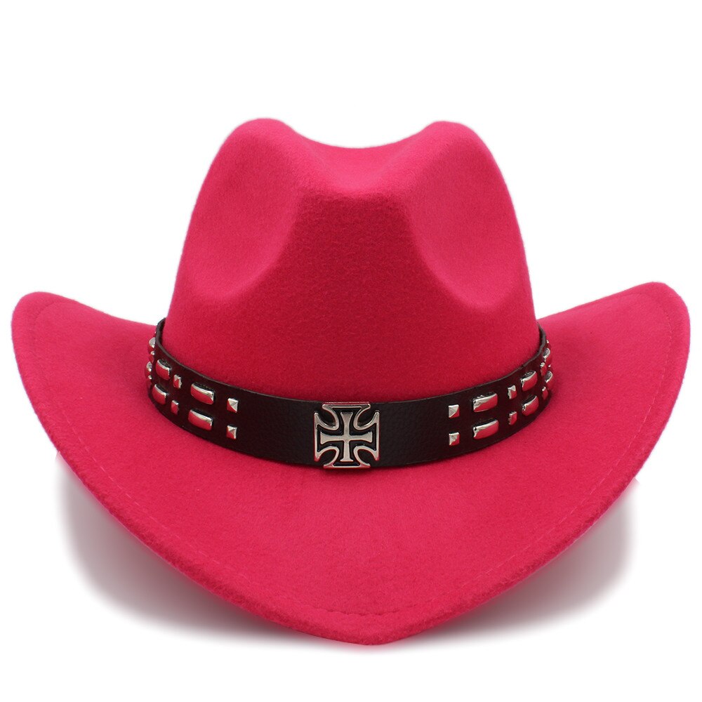 Kvinder uld western cowboy hat med roll-up brim kirke dame jazz hestesport sombrero hombre steampunk cap størrelse 56-58cm: Rosenrød