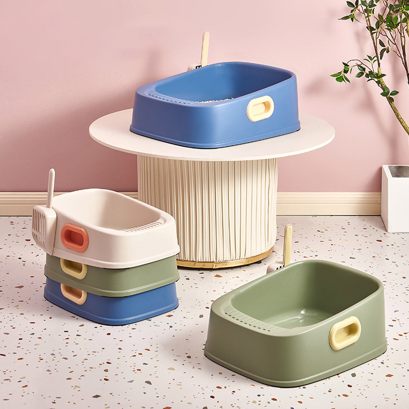 Cat Litter Box With Double Ear Handles Square Semi-closed Anti-splash Deodorant Sandbox Kitten Toilets Free Shovel Pet Items