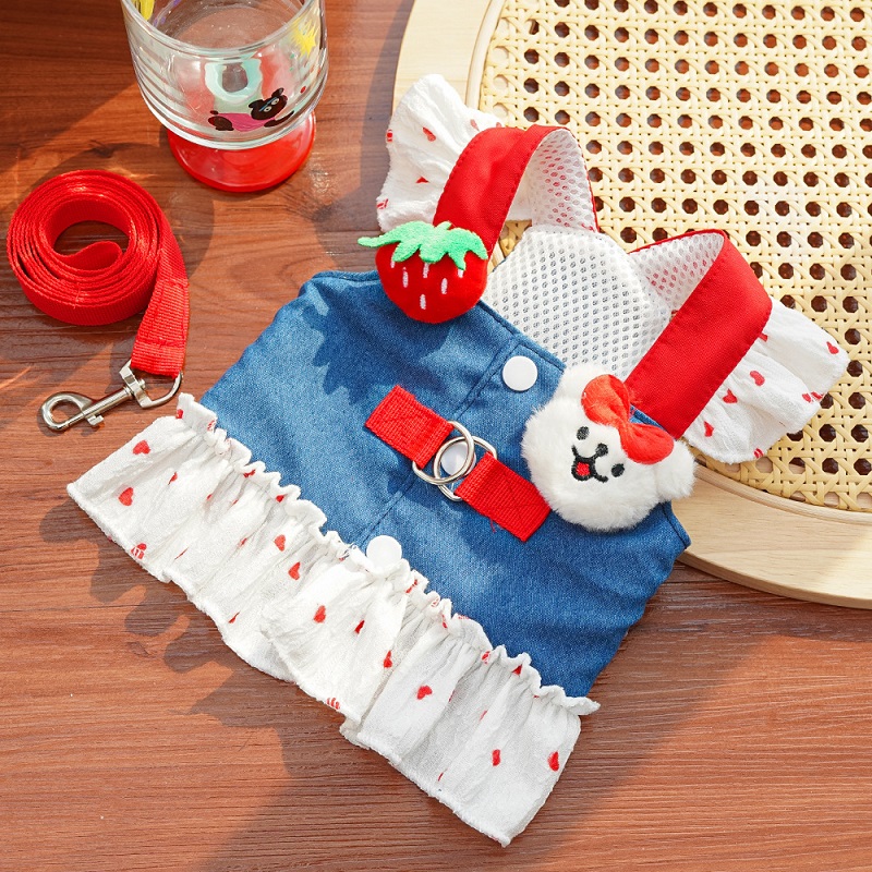 Robe harnais pour chien imprimé cœur avec laisse, jupe de princesse en Denim de luxe pour chiot, harnais pour chat mignon, corde de marche en plein air pour animaux de compagnie, vêtements pour chiens