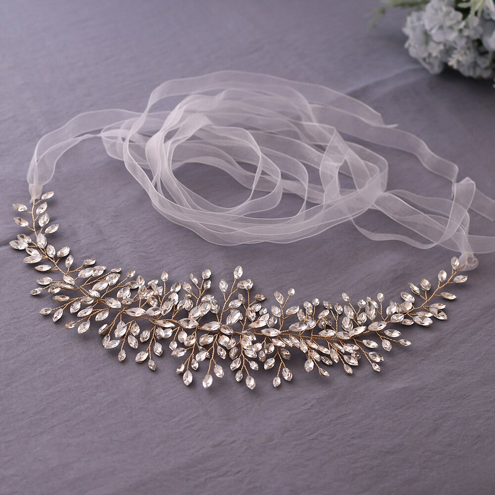 YouLaPan SH237-G złoty pas ślubny z kryształ górski moda koralik pas cienki szarfa pasek zachodnie pasy aplikacja ślubna szarfa pasek: biały organza