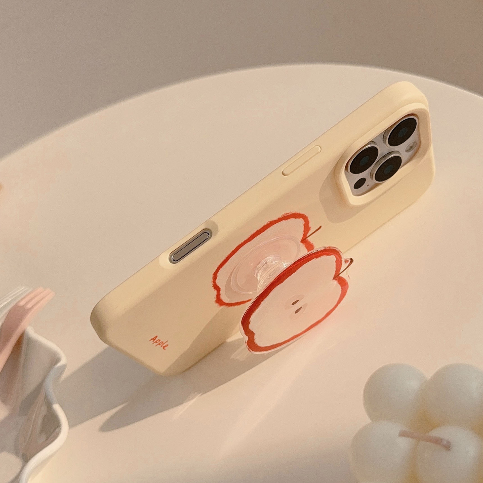 Korean Red Apple Graffiti With Stand Holder Lanyard Phone Case for iPhone 16 15 14 13 12 Pro Max Soft Silicone Shockproof Cover