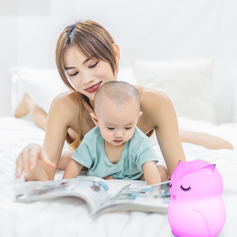 Led-nachtlicht mit cartoon-eule, touch-sensor, fernbedienung, 9 farben, dimm-timer, wiederaufladbare silikonlampe für kinder und babys