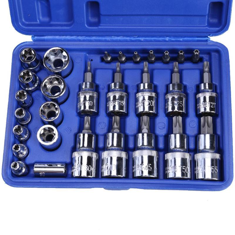 29Pcs/Box Torx Star Socket Screws Bit Set Male Female E & T Sockets Screwdriver Sleeve Auto Car Repair Tools Kit