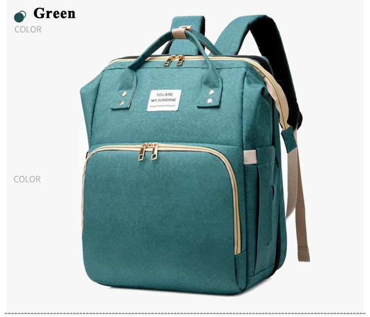 Bolsa de pañales para cama, de cuna, bolso de momia desmontable, impermeable, mochila de pañal de tela, almohadilla cambiante y ganchos: Green