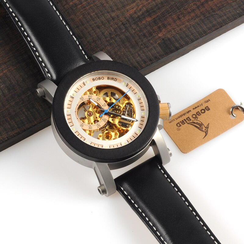 Bobo Vogel WK11 Heren Horloges Golden Brons Skeleton Man Antieke Steampunk Casual Automatische Blootgesteld Goud Beweging Relogio